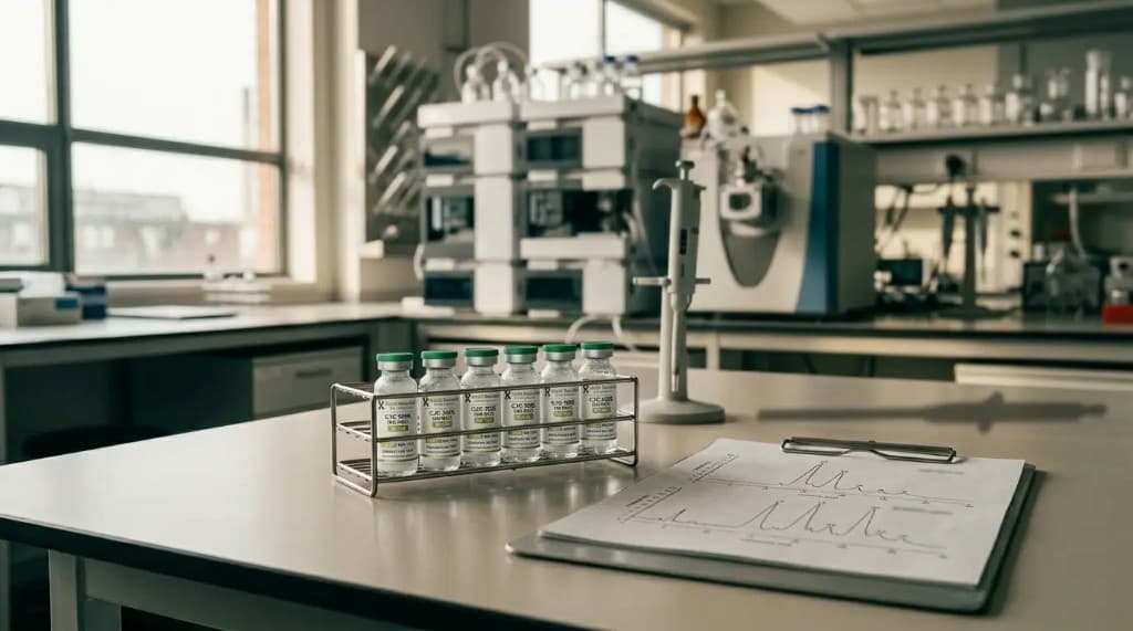 Laboratoire analytique moderne avec flacons de peptides, documentation chromatographique et instrumentation HPLC/LC-MS.