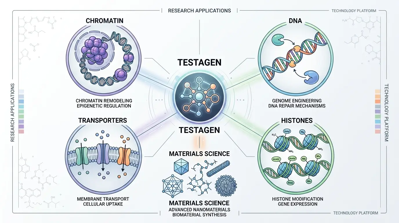 Research Areas That Mention Testagen testagen research areas diagram with chromatin and transporter themes