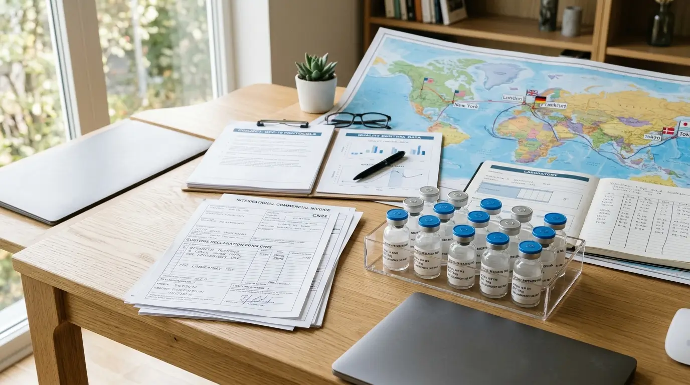 International Shipping Paperwork and Research Vials Desk Scene Realistic editorial photo showing international shipping paperwork, customs declaration forms, a world map, sealed research vials, and organized laboratory documents on a clean desk
