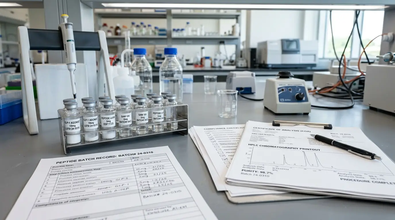 Peptide Research Vials with Batch Records and COA Documents Realistic laboratory editorial photo showing peptide research vials beside batch records, COA documents, chromatography printouts, and a compliance checklist on a clean lab bench