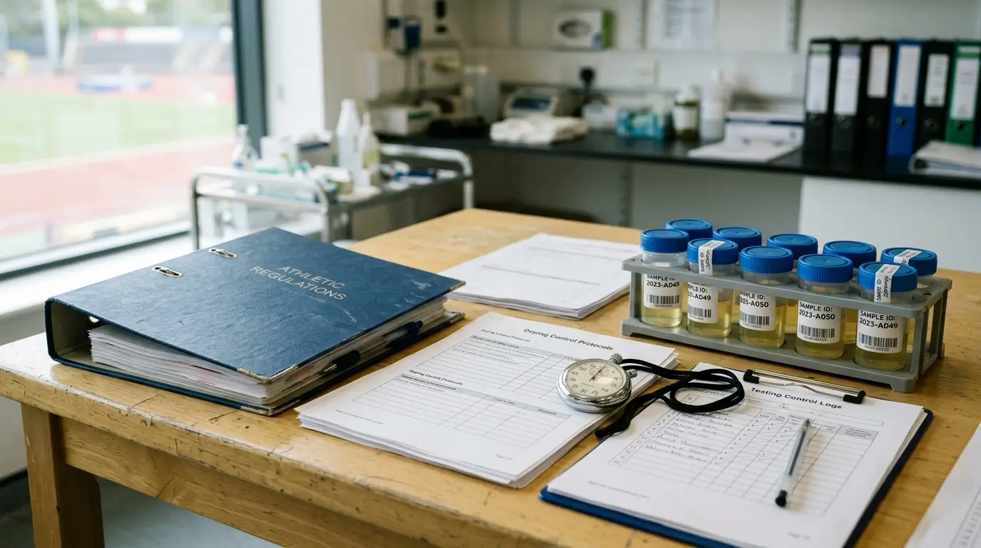 Sports Regulations and Laboratory Sample Review Desk Scene Realistic editorial photo showing a sports regulations binder, testing paperwork, a stopwatch, and neutral laboratory sample containers on a clean table
