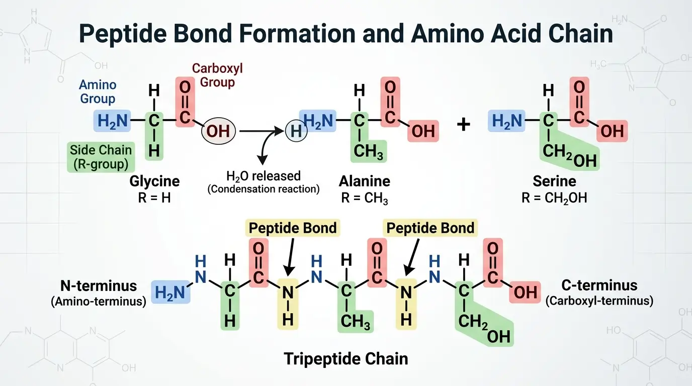 Peptide Therapy Amino Acid Chain and Peptide Bond Diagram Labeled molecular diagram of an amino acid chain forming peptide bonds, illustrating the structural basis of peptide therapy research compounds
