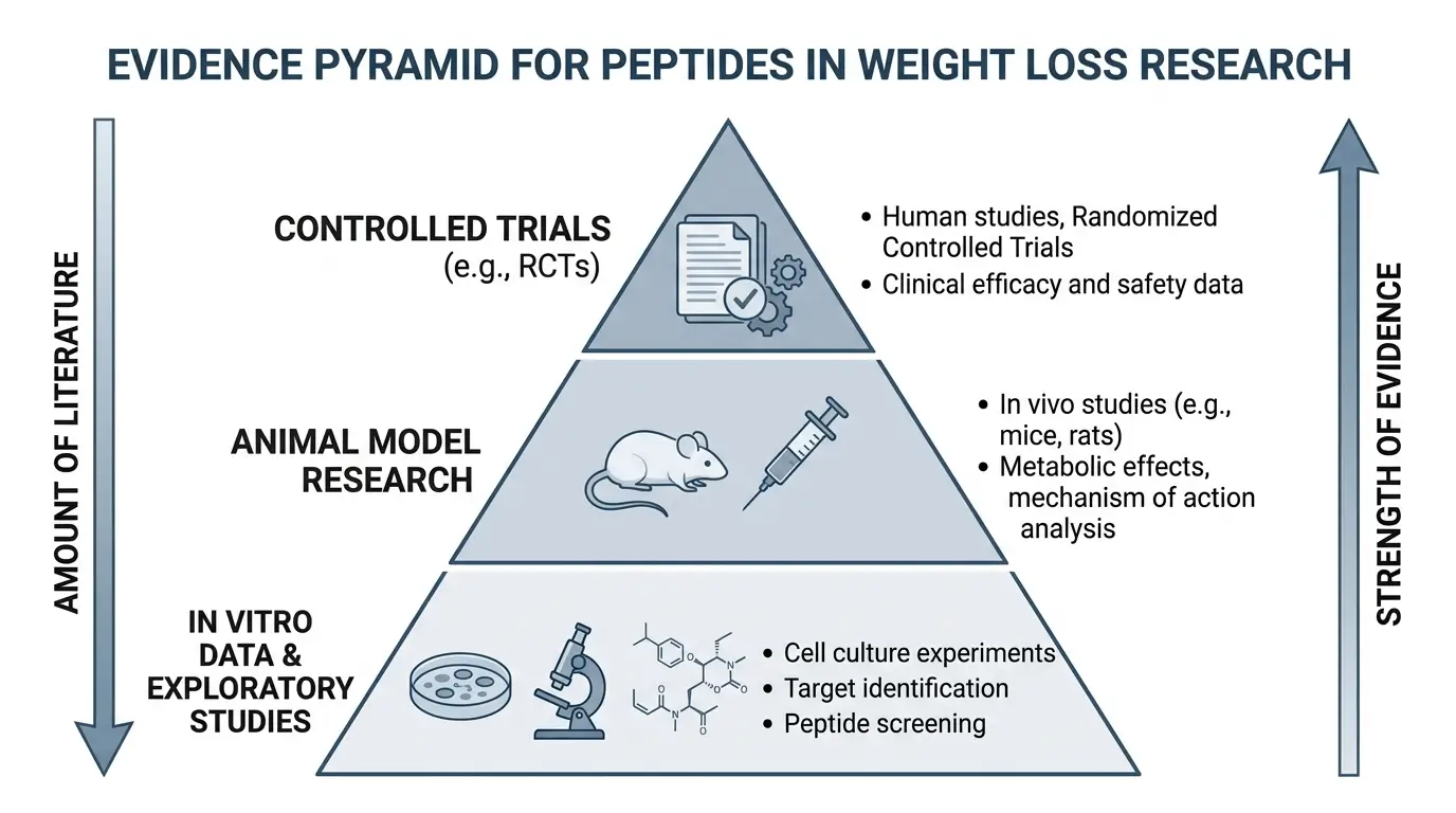 Cadre de recherche sur la pyramide des preuves pour les peptides pour la perte de poids Diagramme de la pyramide des preuves illustrant la hiérarchie de la qualité de la recherche pour les peptides pour la perte de poids, des données in vitro aux essais investigationales contrôlés, pour référence éducative