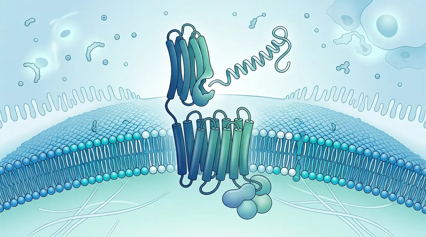 Scientific illustration of a GLP-1 receptor agonist peptide compound engaging a cell surface receptor, representing peptides for weight loss research in a laboratory model Scientific illustration of a GLP-1 receptor agonist peptide compound engaging a cell surface receptor, representing peptides for weight loss research in a laboratory model