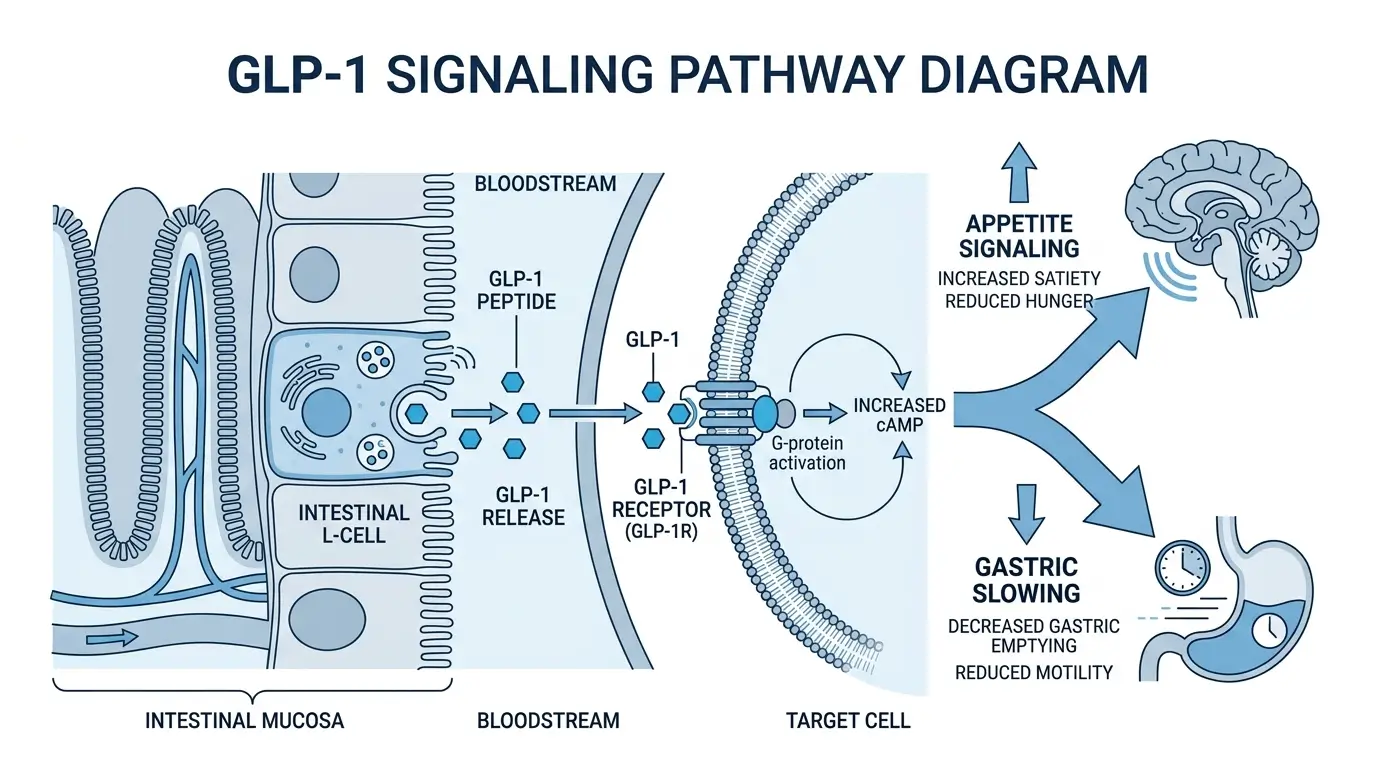 Diagramme du mécanisme de la voie de signalisation GLP-1 pour la perte de poids Diagramme scientifique de la voie de signalisation GLP-1 montrant comment les composés de recherche sur les peptides pour la perte de poids interagissent avec les récepteurs pour moduler l'appétit et la vidange gastrique dans un modèle de laboratoire