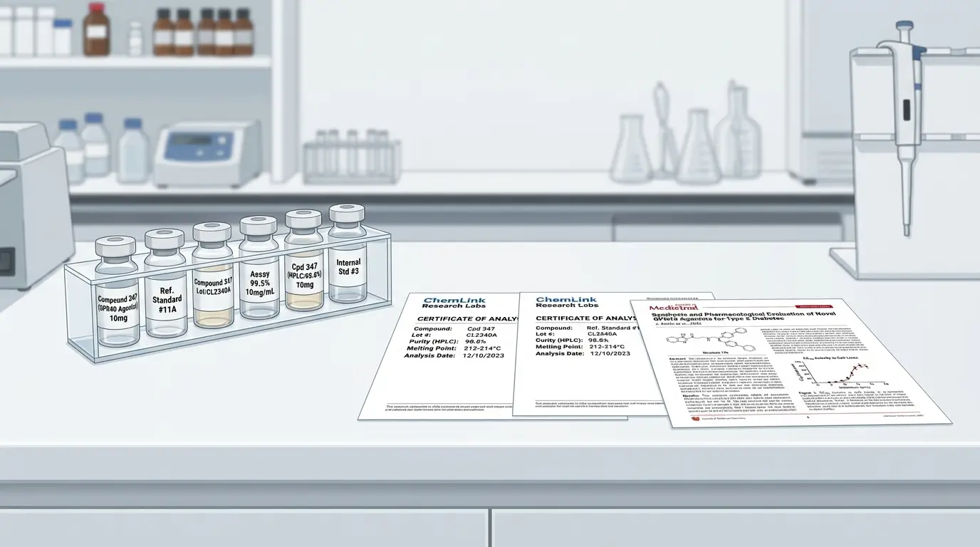 Normes de sourcing, de COA et de documentation pour la recherche sur les peptides pour la perte de poids Flacons de laboratoire et documents de certificat d'analyse représentant des peptides de recherche pour l'étude de la perte de poids, la vérification analytique et les normes de documentation chez Peptide Researches