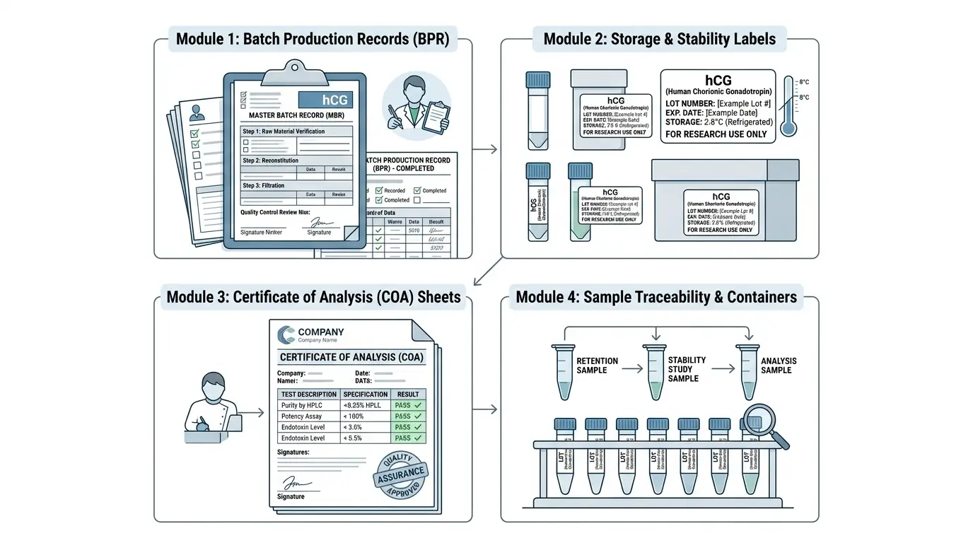 HCG Peptide Documentation and Positioning Illustrated HCG peptide batch records and compliance labeling