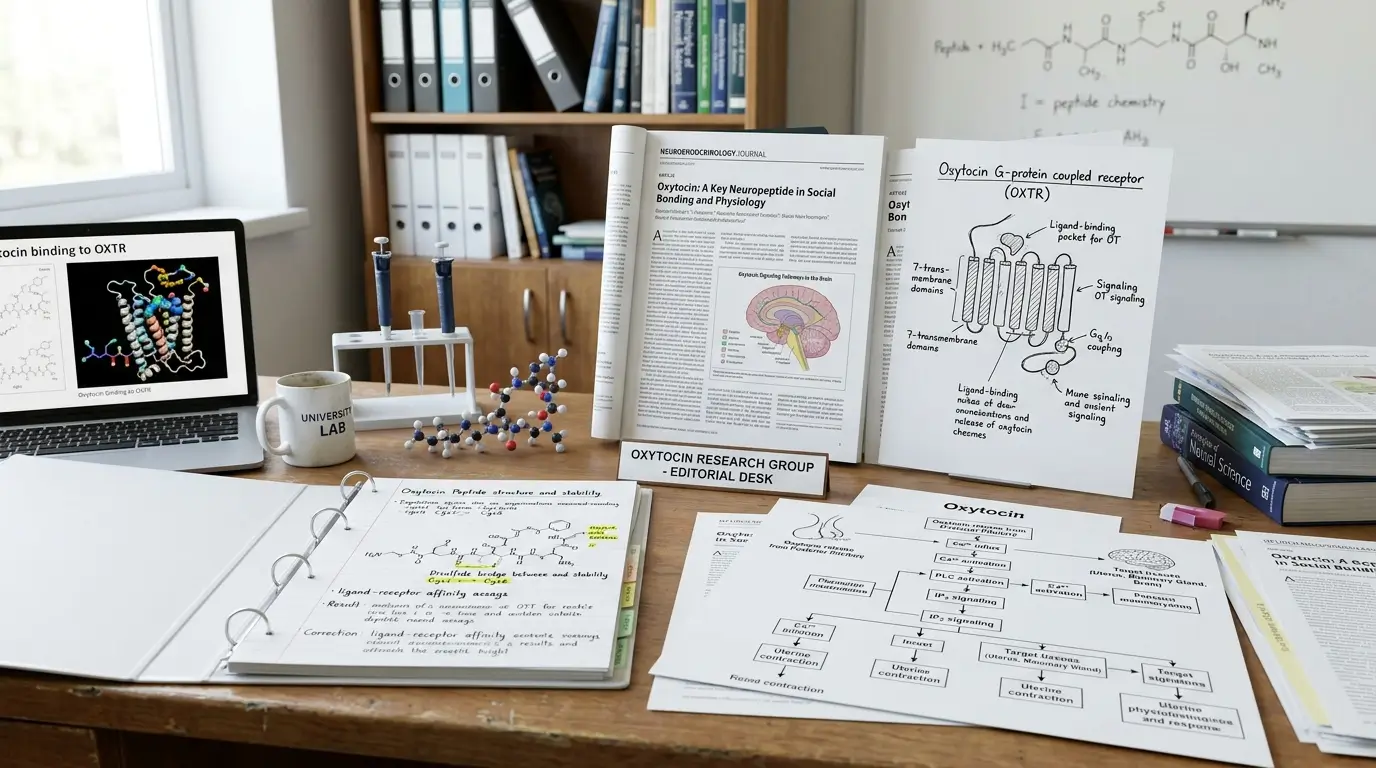 Oxytocin Peptide Research Landscape Oxytocin Peptide research scene with papers, pathway diagrams, and scientific notes
