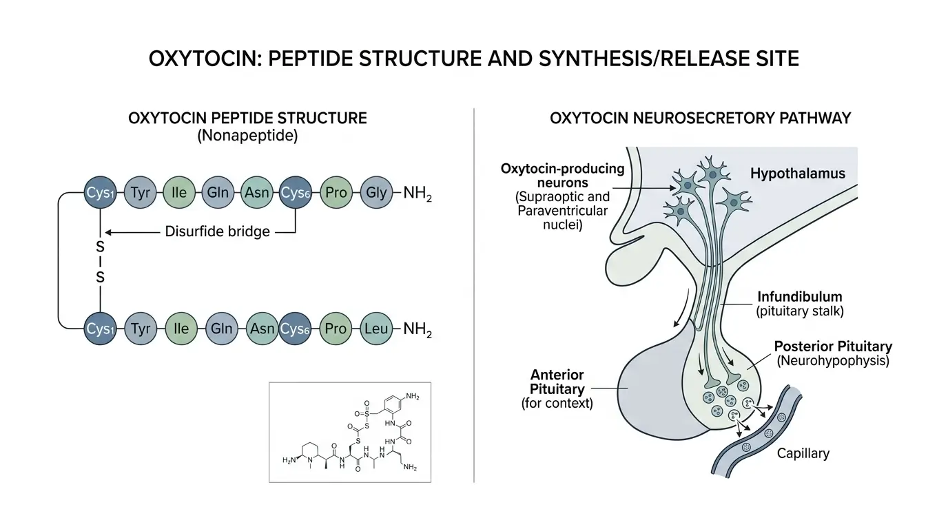 What Oxytocin Peptide Is Oxytocin Peptide scientific illustration showing peptide structure and hypothalamic origin