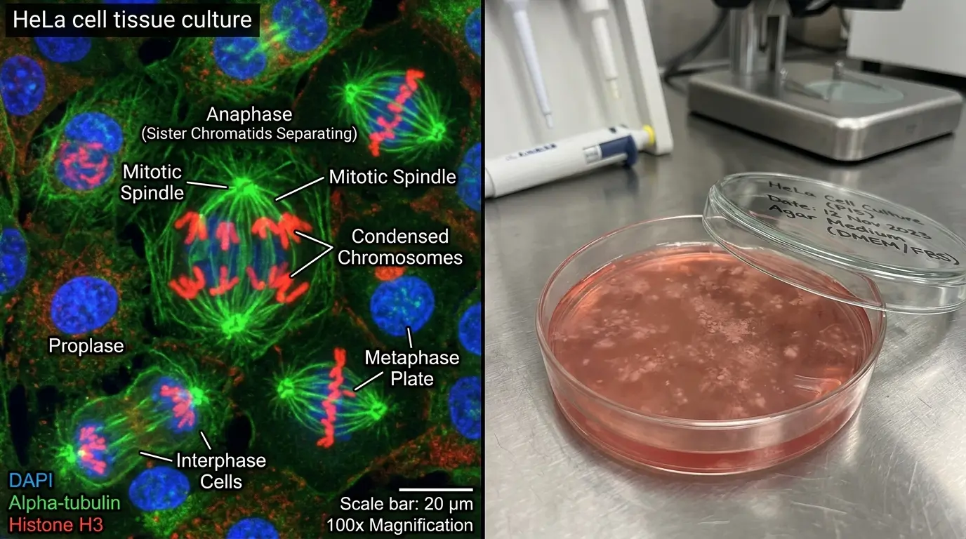 Cellular Proliferation Research with Vilon Microscopic view of cell division in a laboratory model studying vilon peptide.