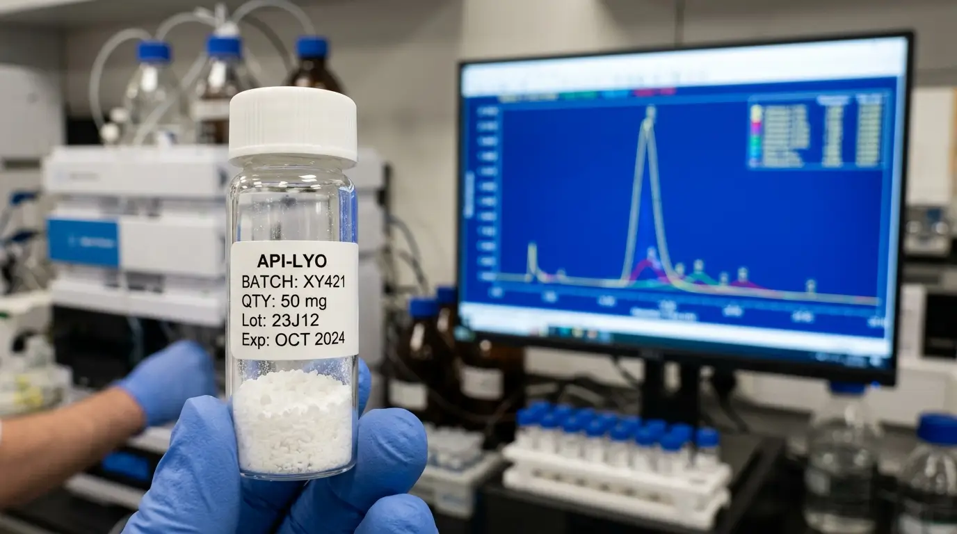 Vilon Peptide Analytical Specifications A laboratory vial of vilon peptide powder with an HPLC purity analysis background.