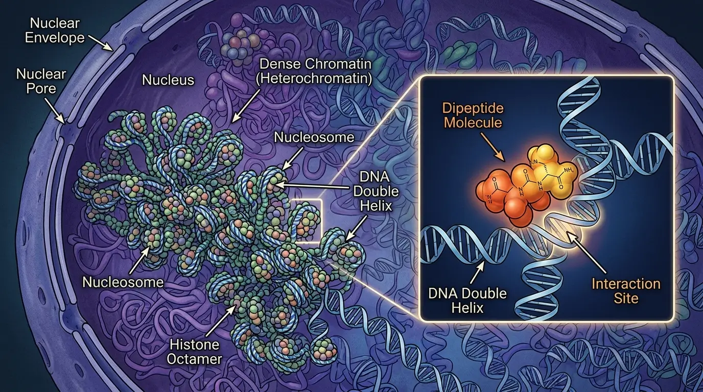 Vilon Peptide and Chromatin Interaction Illustration showing the interaction between vilon peptide and chromatin for gene expression research.
