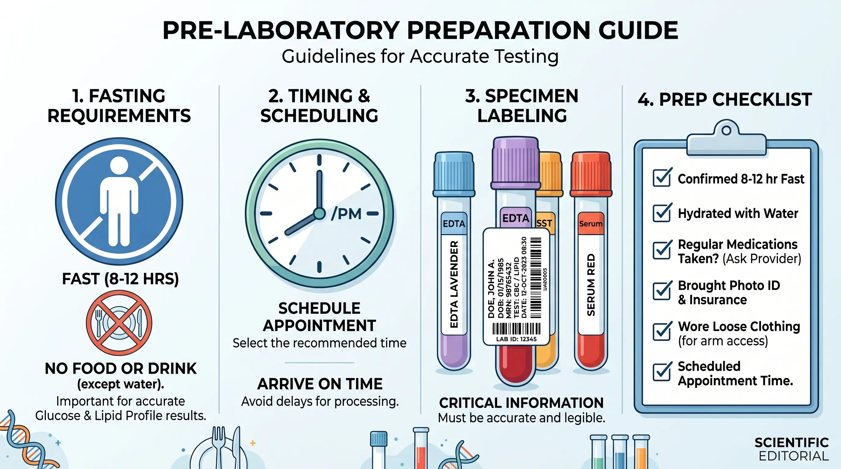 Pre-Laboratory Preparation Guide for Accurate Testing Clean laboratory preparation graphic showing fasting requirements, appointment timing, specimen labeling, and a preparation checklist in a scientific editorial style