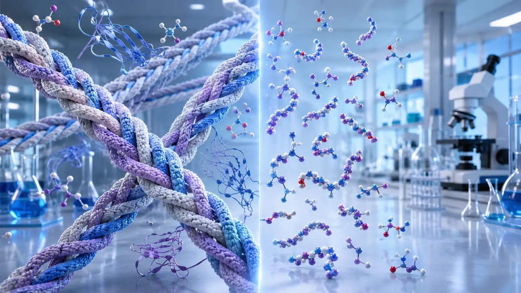 A detailed digital illustration comparing collagen vs collagen peptides with structural representations and lab equipment. A detailed digital illustration comparing collagen vs collagen peptides with structural representations and lab equipment.