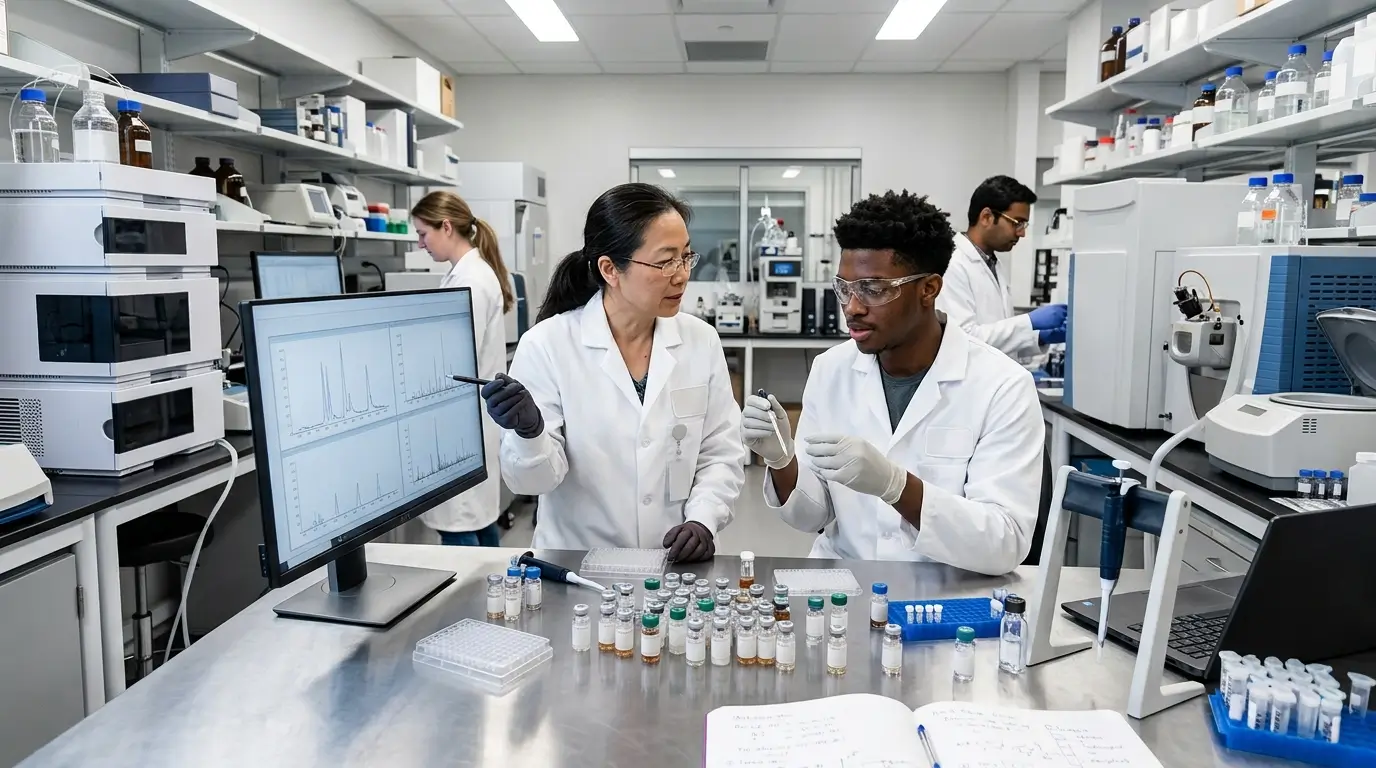 A laboratory setting showcasing the evolution of peptides in scientific research, featuring diverse research peptides on a table, with a diverse group of scientists analyzing them. — evolve peptides A laboratory setting showcasing the evolution of peptides in scientific research, featuring diverse research peptides on a table, with a diverse group of scientists analyzing them. — evolve peptides