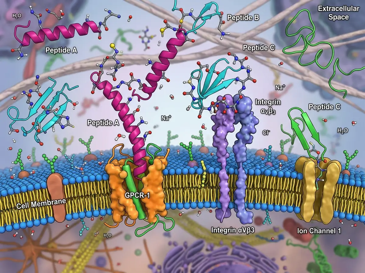 Peptide Interactions at the Cell Membrane Diagram Scientific diagram showing peptide interactions at the cell membrane with receptors, ion channels, integrin v3, and labeled extracellular space