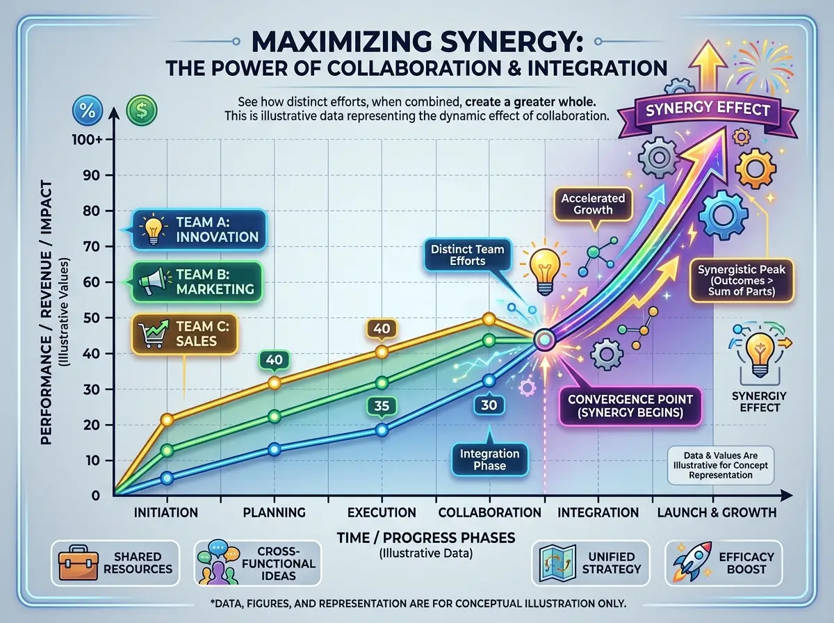 Synergy Effect Collaboration and Integration Infographic Colorful synergy effect infographic showing collaboration, integration, team performance growth, convergence point, and launch phase on a conceptual chart