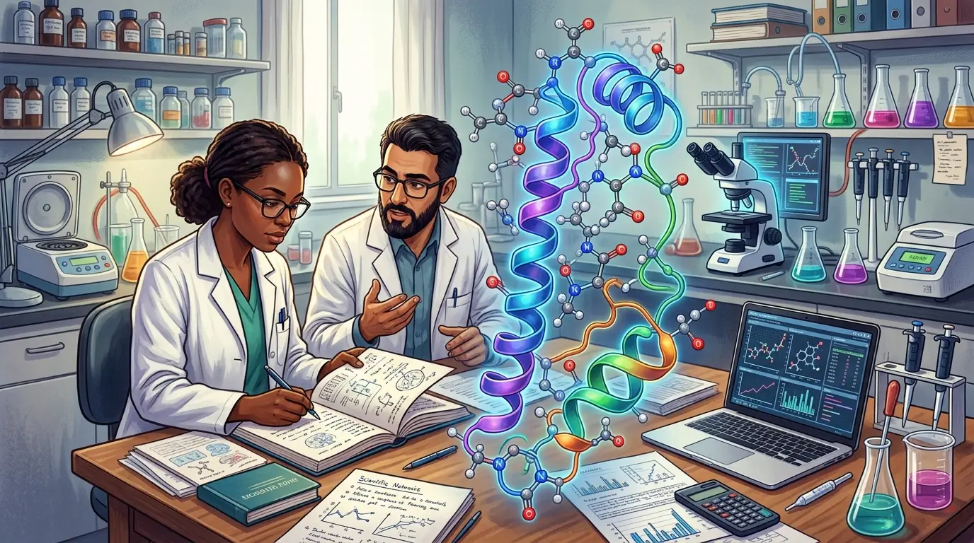 A digital illustration depicting the GLP-3 peptide structure with molecular details, surrounded by lab equipment and research papers. — glp3 peptide A digital illustration depicting the GLP-3 peptide structure with molecular details, surrounded by lab equipment and research papers. — glp3 peptide