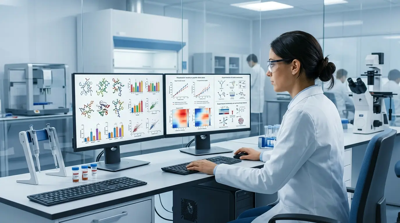 Revue de Recherche sur les Peptides Un chercheur examinant les resultats actuels de la recherche sur les peptides dans un laboratoire. peptides pour la musculation