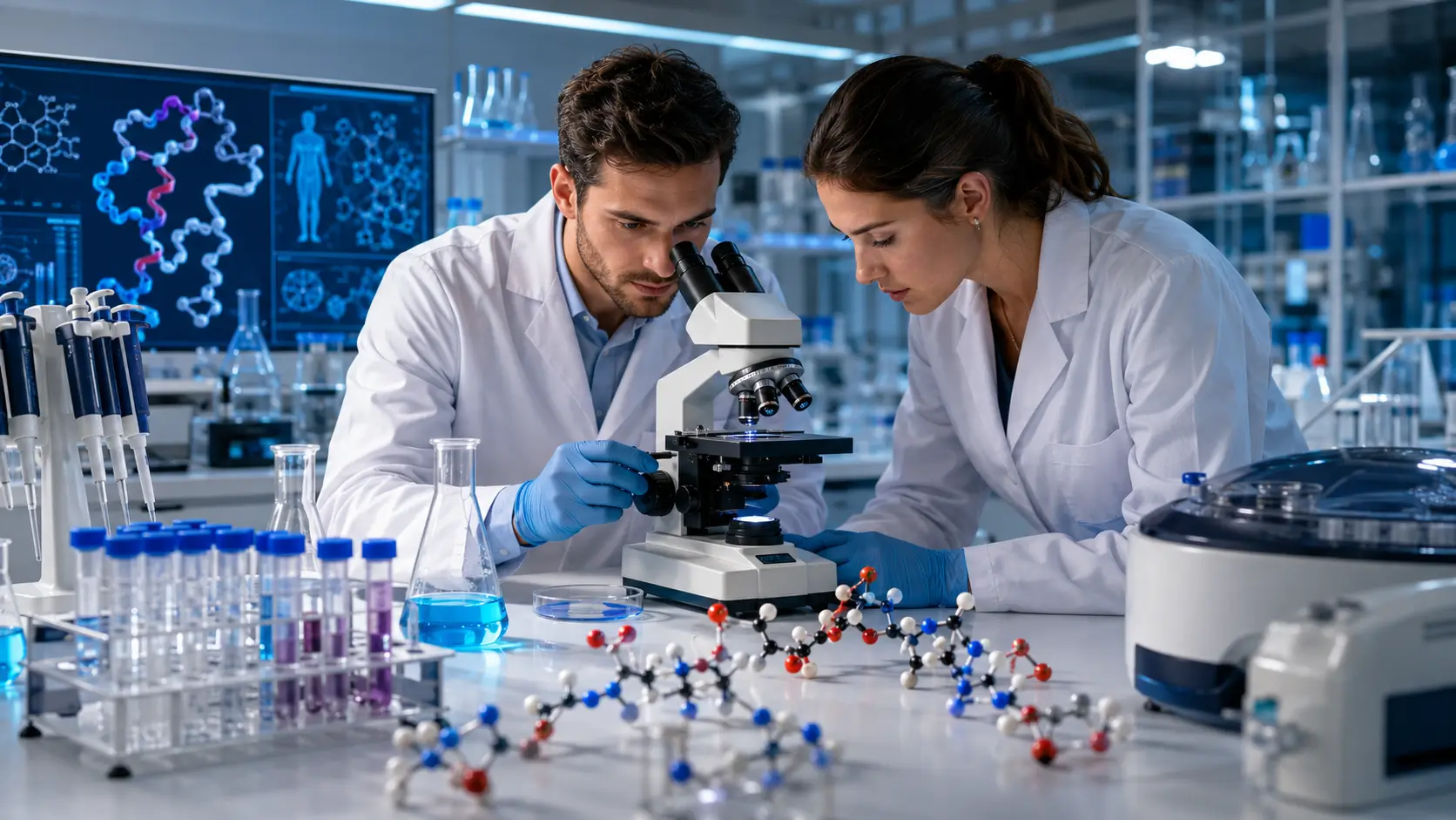 Male and female researchers examining peptide samples under a microscope in a modern laboratory with pipettes, test tubes, a centrifuge, and molecular models. Male and female researchers examining peptide samples under a microscope in a modern laboratory with pipettes, test tubes, a centrifuge, and molecular models.