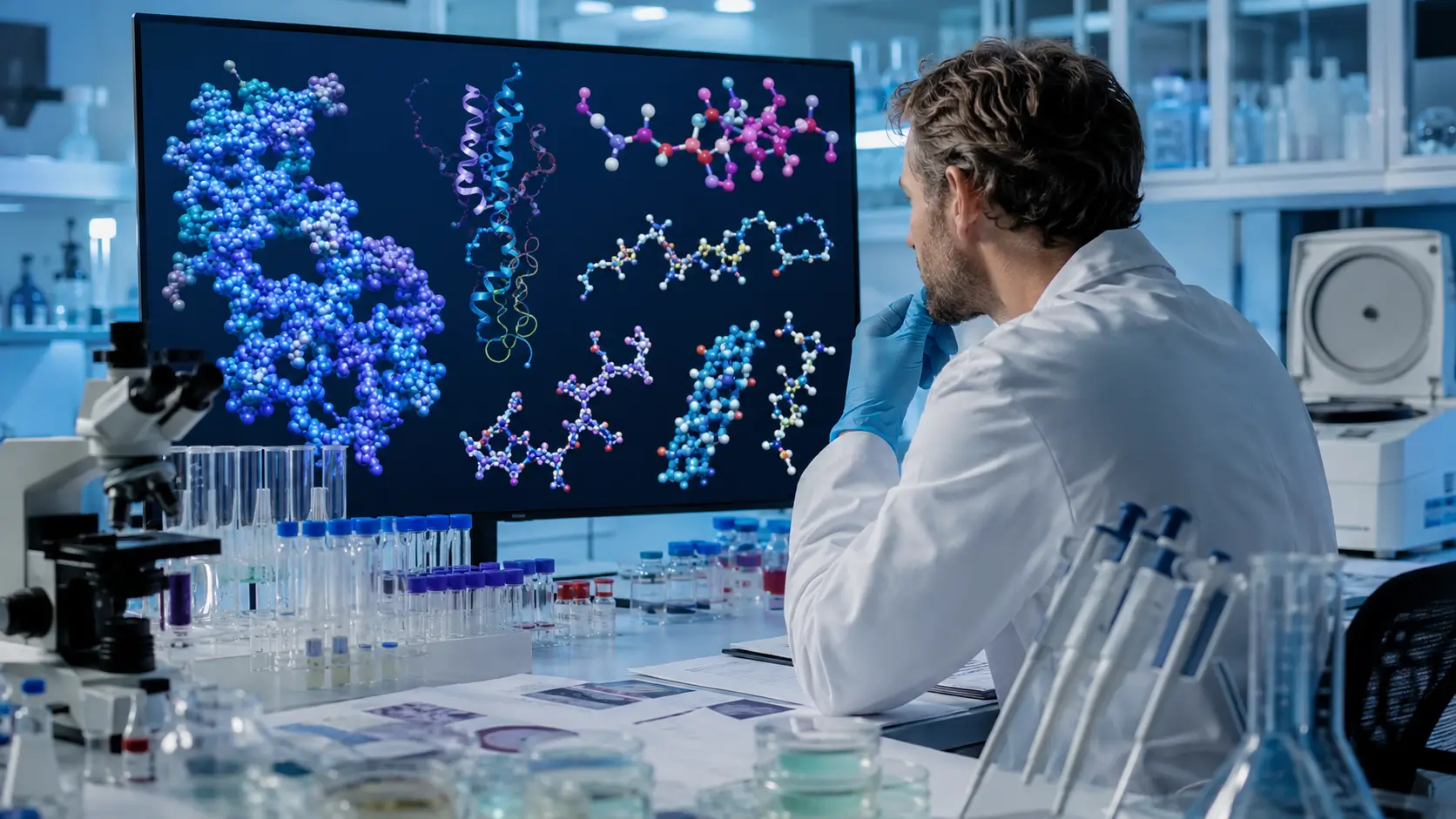 Estructuras y Tipos de Peptidos Una ilustracion que muestra varios peptidos y sus estructuras relacionadas con la investigacion sobre la perdida de peso. para que sirven los peptidos para la perdida de peso