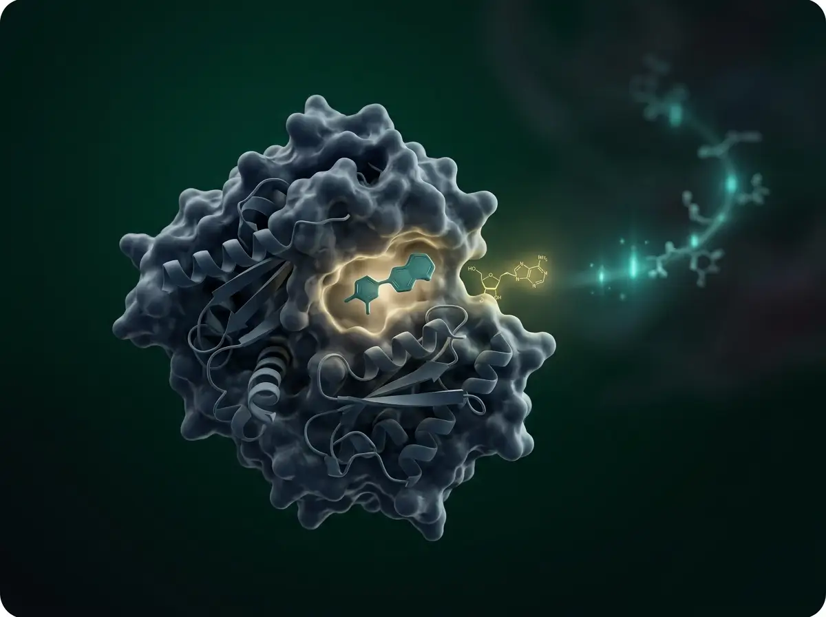 5-Amino-1MQ NNMT Inhibition and Metabolic Modulation Illustration Semi-realistic 3D illustration of 5-Amino-1MQ binding to the NNMT enzyme active site.