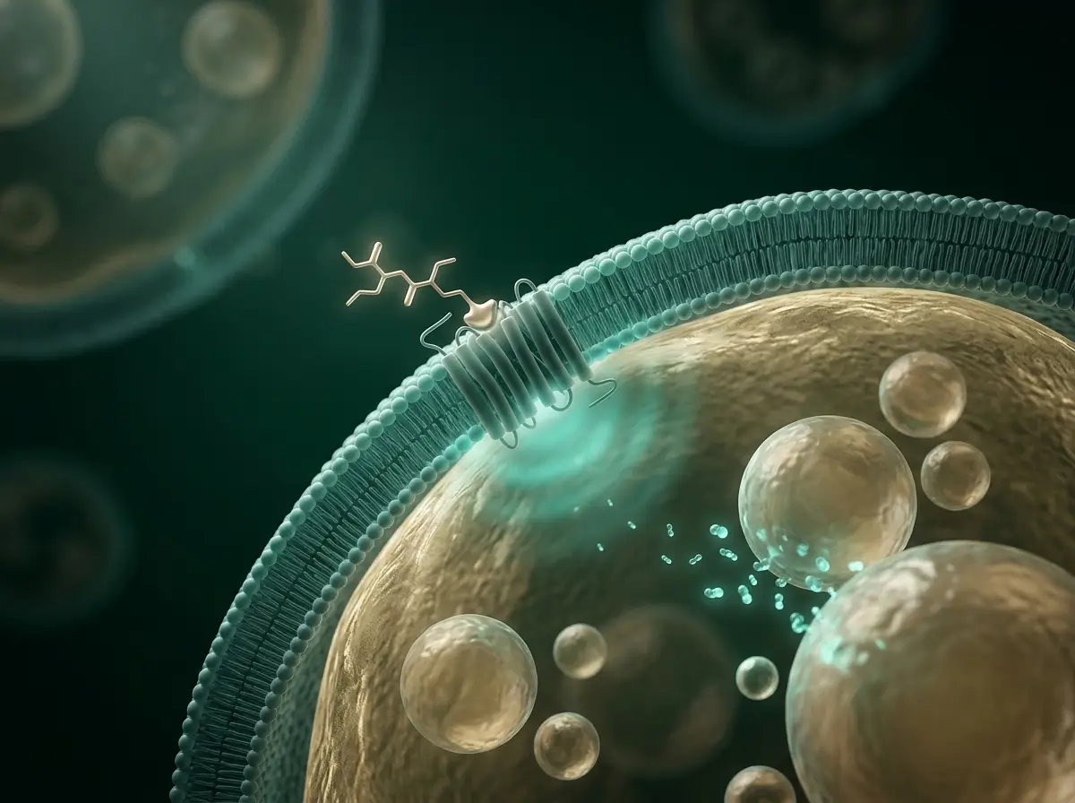 AOD-9604 Lipid Pathway Investigation Illustration Semi-realistic 3D illustration of AOD-9604 in an adipocyte-inspired lipid signaling environment.