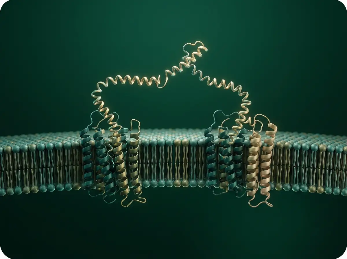 Cagrilintide — activation dual amyline et calcitonine Illustration 3D de la cagrilintide engageant les systèmes récepteurs amyline et calcitonine en membrane.