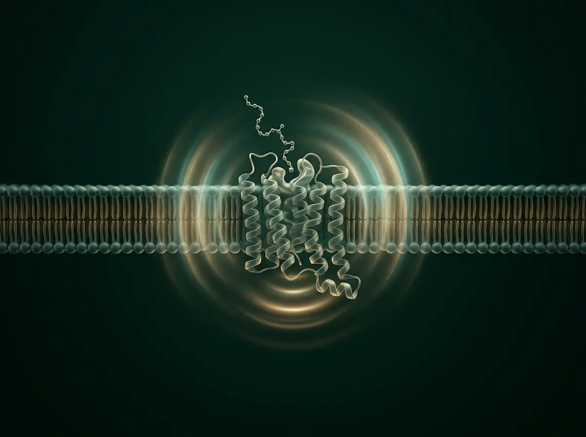CJC-1295 Without DAC Pulsatile GH-Axis Stimulation Illustration Semi-realistic 3D illustration of CJC-1295 without DAC showing pulsatile GH-axis receptor stimulation in a cell membrane.