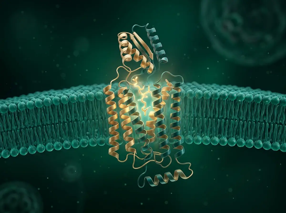Semaglutide GLP-1 Receptor Activation Illustration Semi-realistic 3D illustration of semaglutide activating a GLP-1 receptor in a cell membrane.