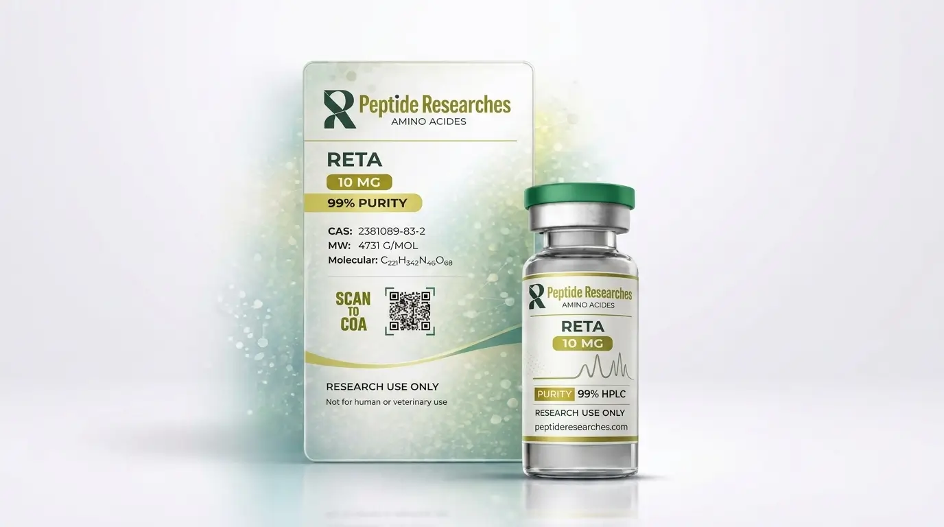 Peptide Researches RETA 10 MG Product Box and Vial Peptide Researches RETA 10 MG product image showing the branded box, QR code, purity details, and matching vial on a clean studio background
