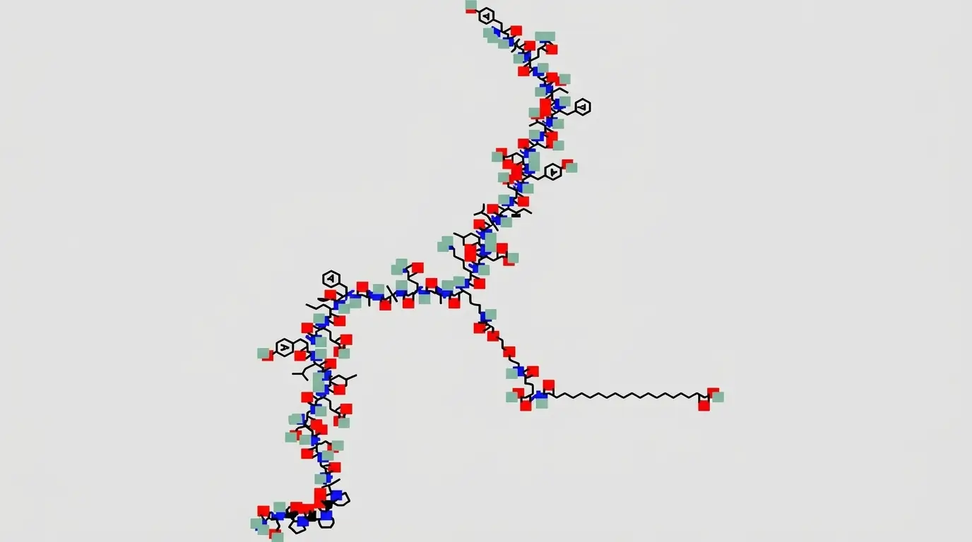 Branched RETA molecular structure diagram on a light gray background with colored atomic markers and chemical bond lines