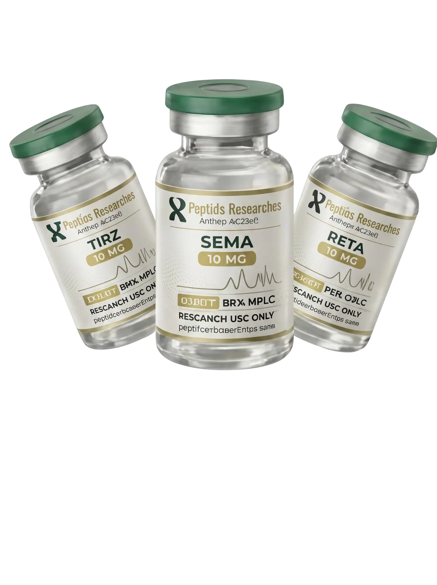 TIRZ SEMA RETA Research Vials Product Cluster Peptide Researches hero art: research vials labeled TIRZ, SEMA, and RETA, 10 mg, with molecular line art on a light background. Research use only.