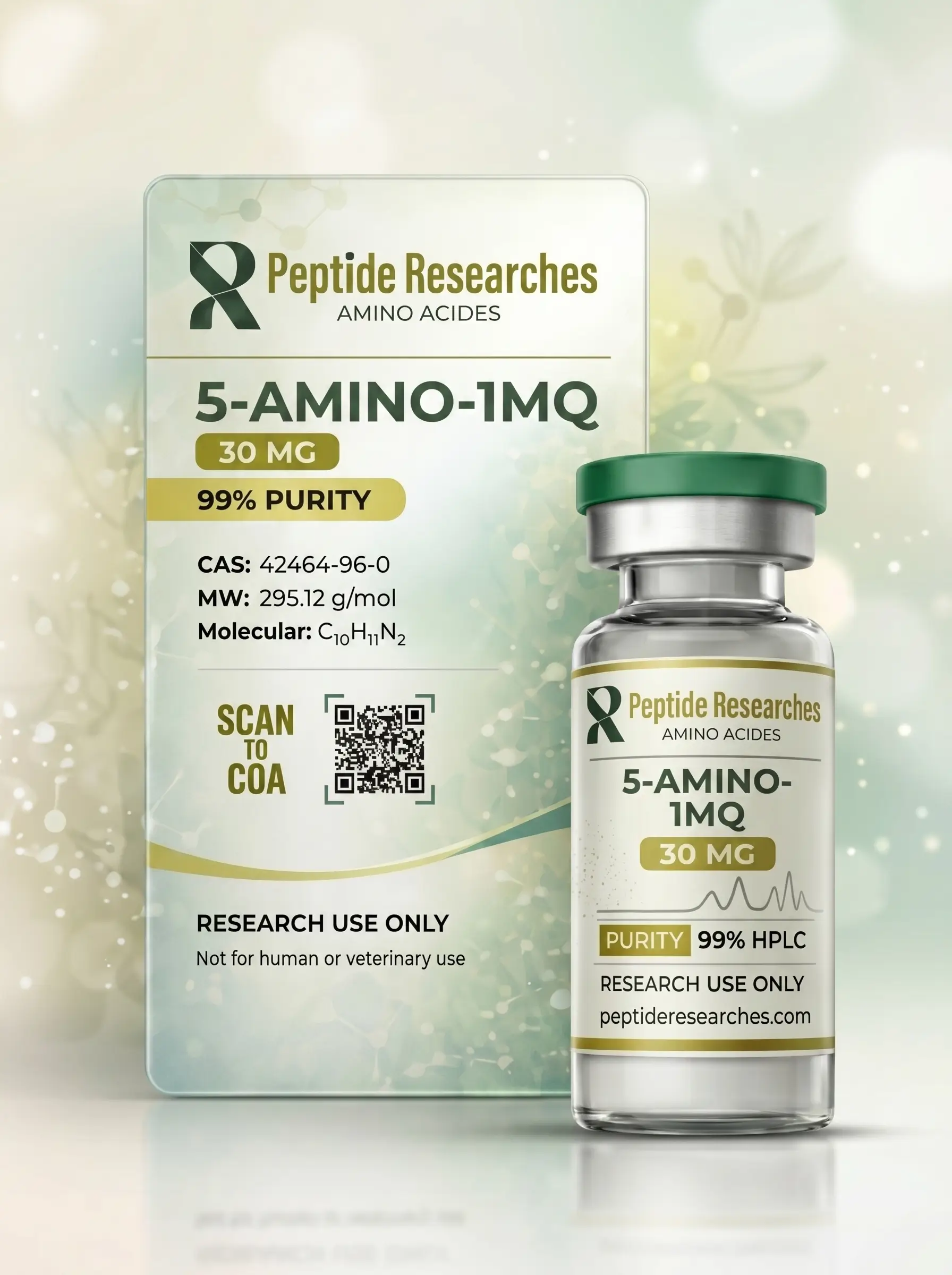 Peptide Researches 5-Amino-1MQ 30 MG Product Box and Vial Peptide Researches 5-Amino-1MQ 30 MG product image showing the branded box, QR code, purity details, and matching vial on a clean studio background