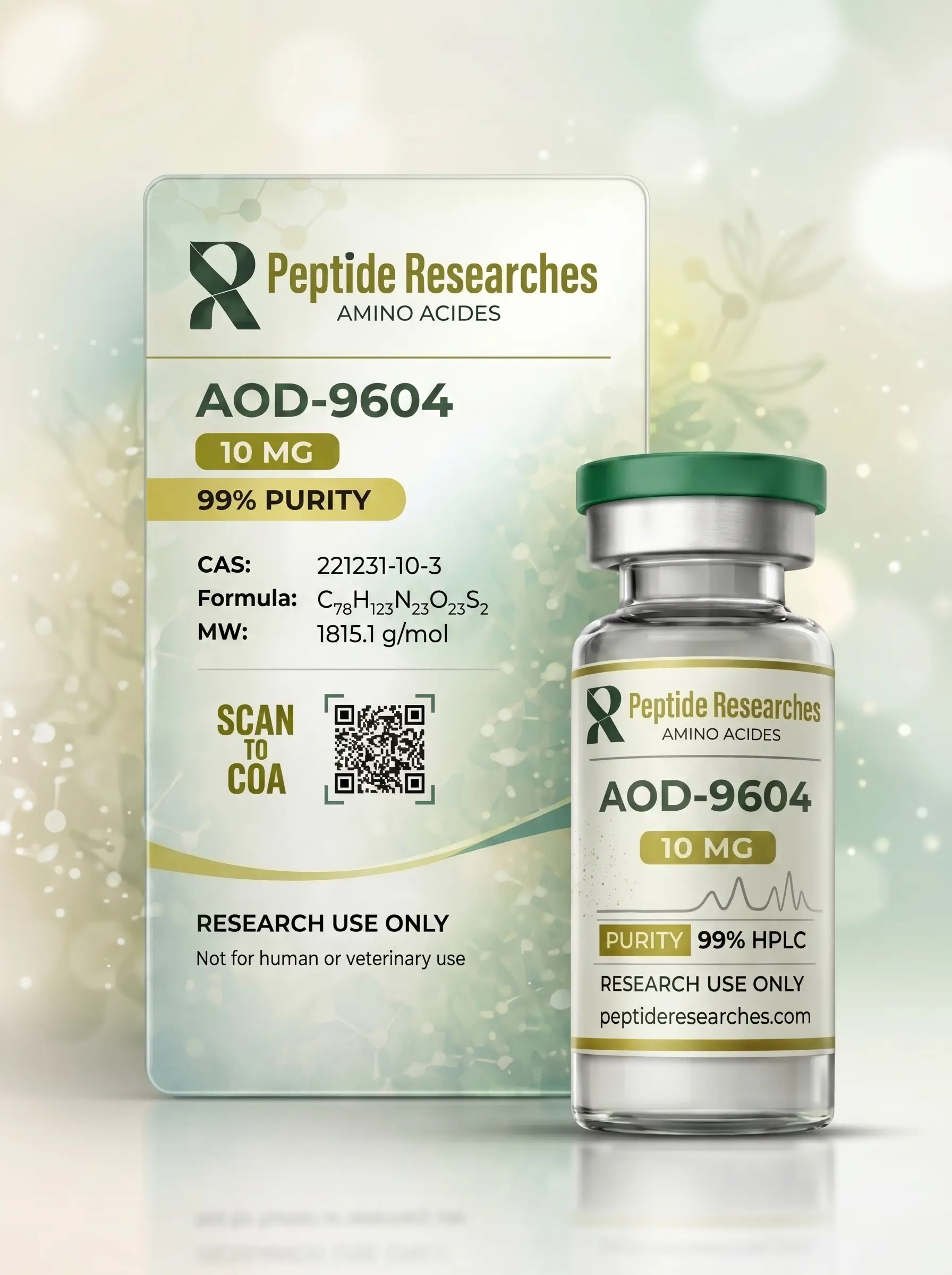 Peptide Researches AOD-9604 10 MG Product Box and Vial Peptide Researches AOD-9604 10 MG product image showing the branded box, QR code, purity details, and matching vial on a clean studio background
