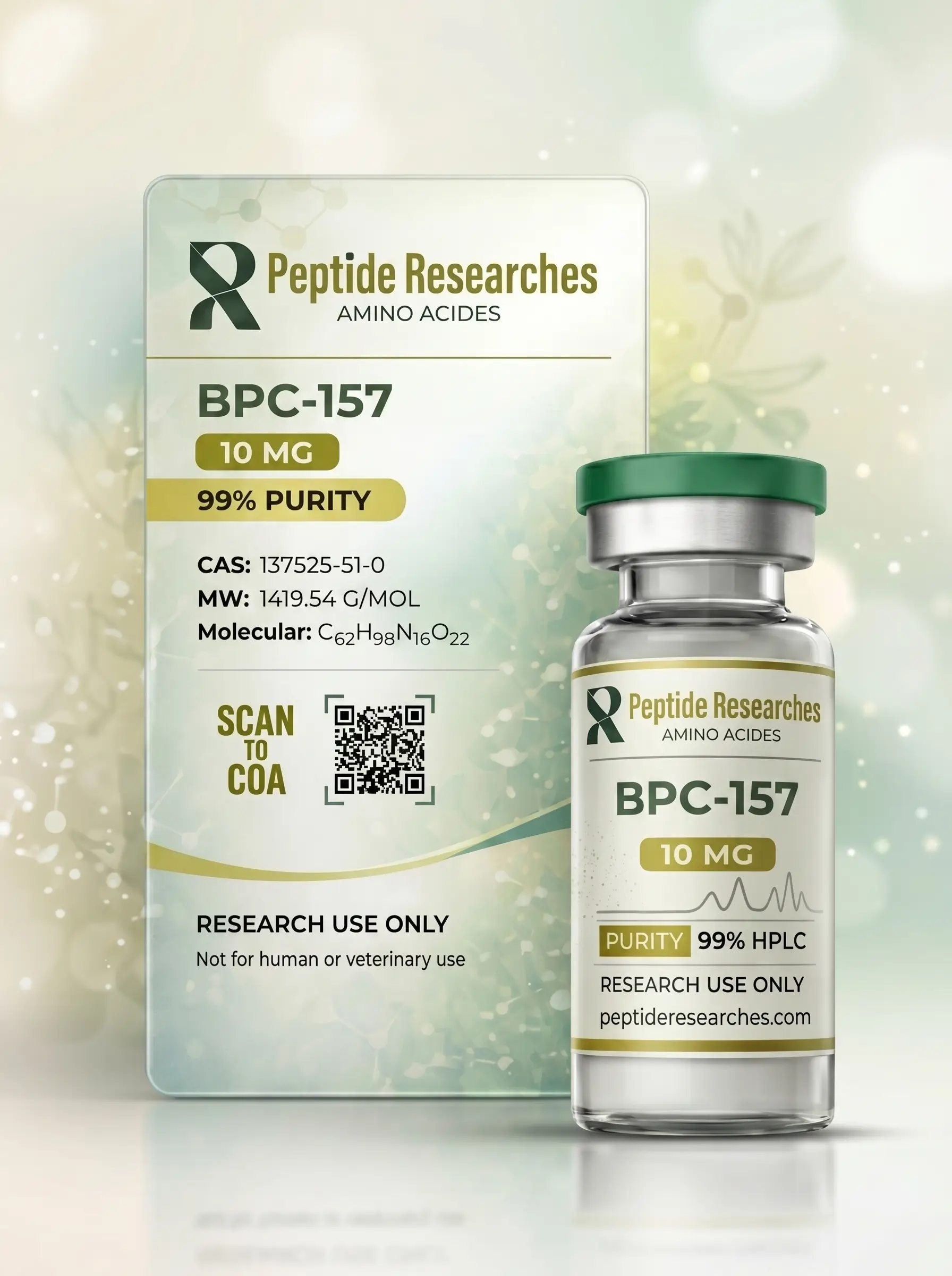 Peptide Researches BPC-157 10 MG Product Box and Vial Peptide Researches BPC-157 10 MG product image showing the branded box, QR code, purity details, and matching vial on a clean studio background