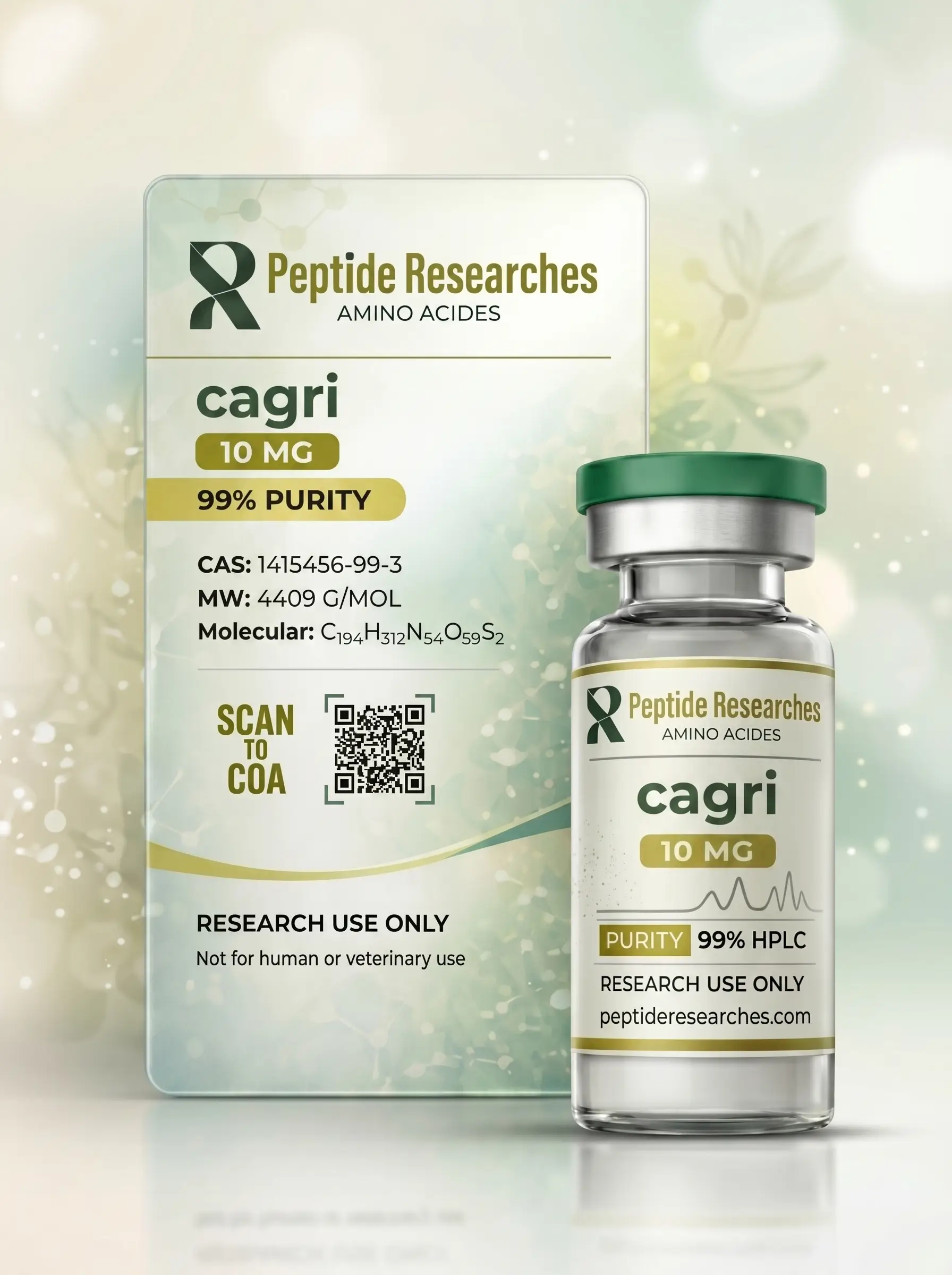 Boîte et flacon cagrilintide 10 mg — Peptide Researches Cagrilintide 10 mg — boîte, QR, pureté et flacon