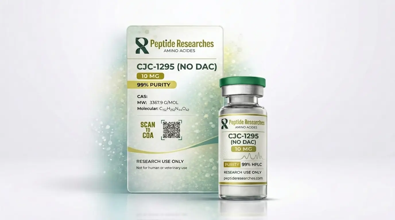 Peptide Researches CJC-1295 No DAC 10 MG product image showing the branded box, QR code, purity details, and matching vial on a clean studio background