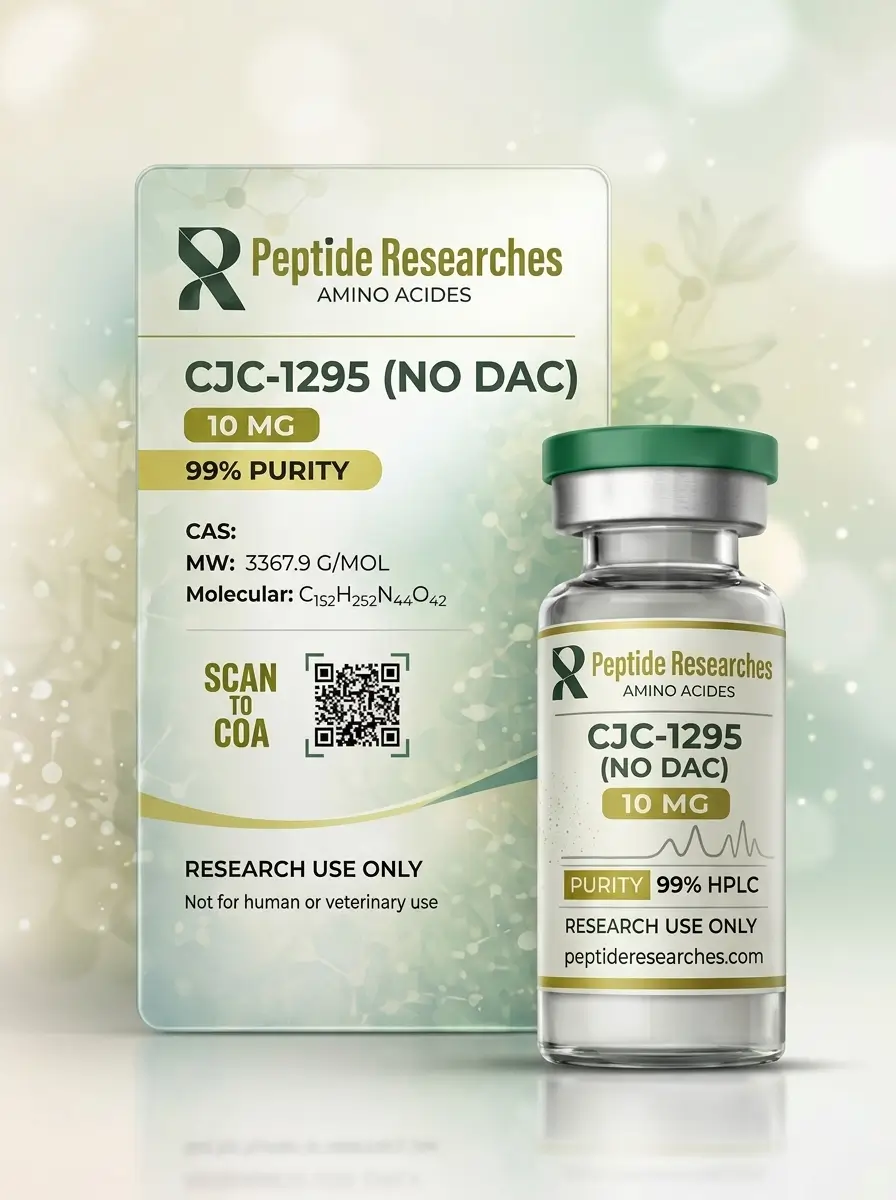 Peptide Researches CJC-1295 No DAC 10 MG Product Box and Vial Peptide Researches CJC-1295 No DAC 10 MG product image showing the branded box, QR code, purity details, and matching vial on a clean studio background