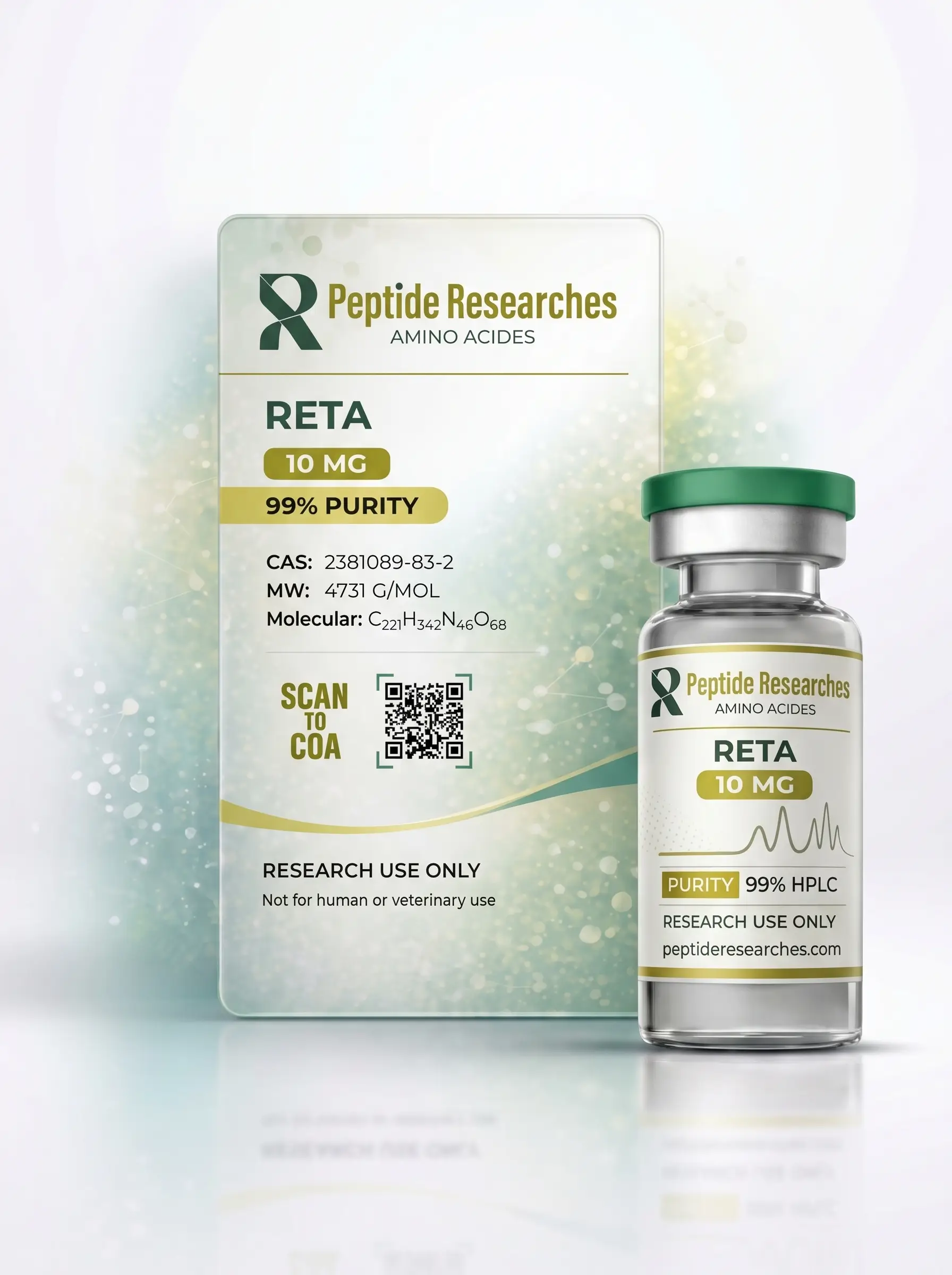 Peptide Researches RETA 10 MG Product Box and Vial Peptide Researches RETA 10 MG product image showing the branded box, QR code, purity details, and matching vial on a clean studio background