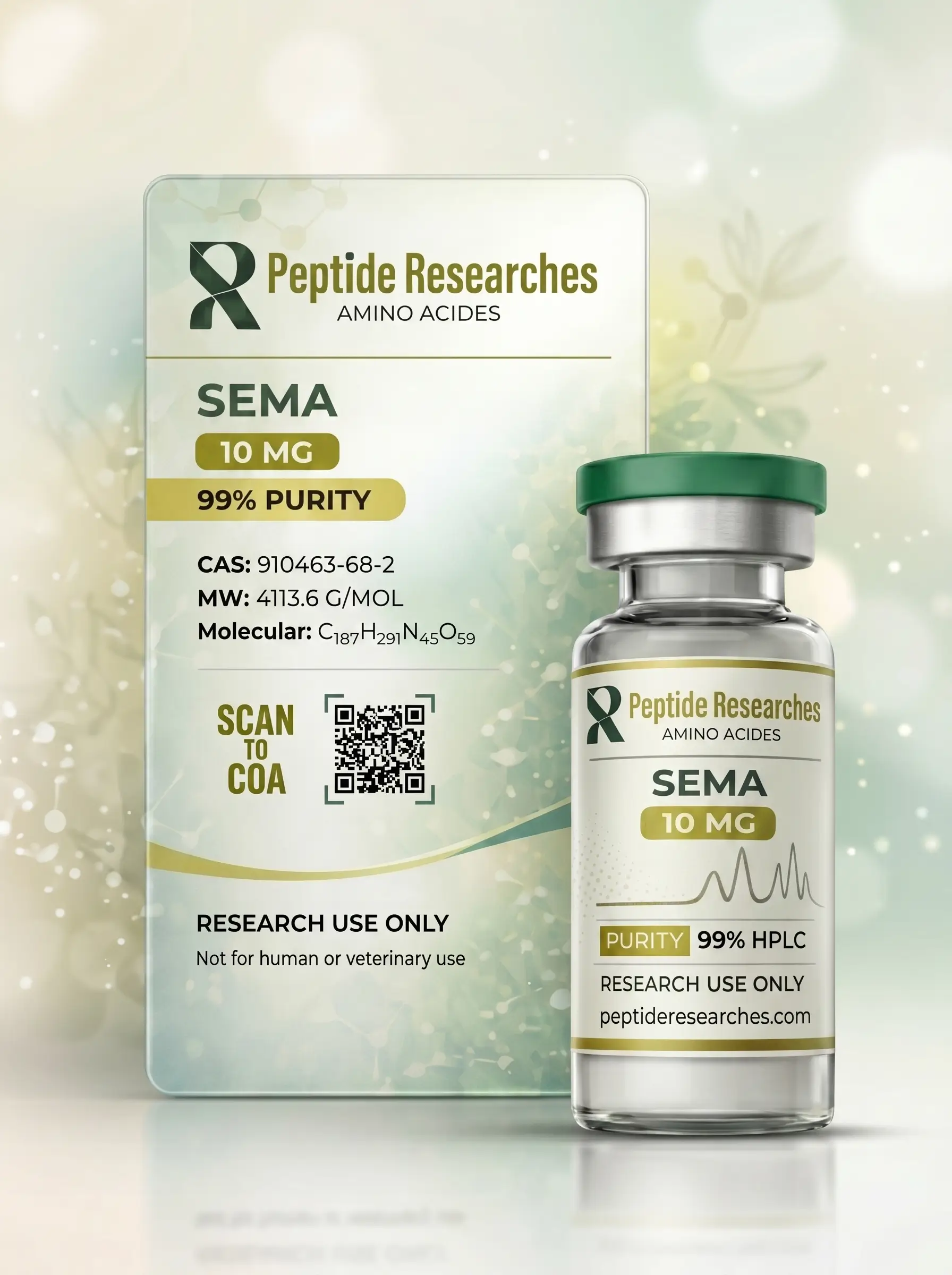 Peptide Researches SEMA 10 MG Product Box and Vial Peptide Researches SEMA 10 MG product image showing the branded box, QR code, purity details, and matching vial on a clean studio background