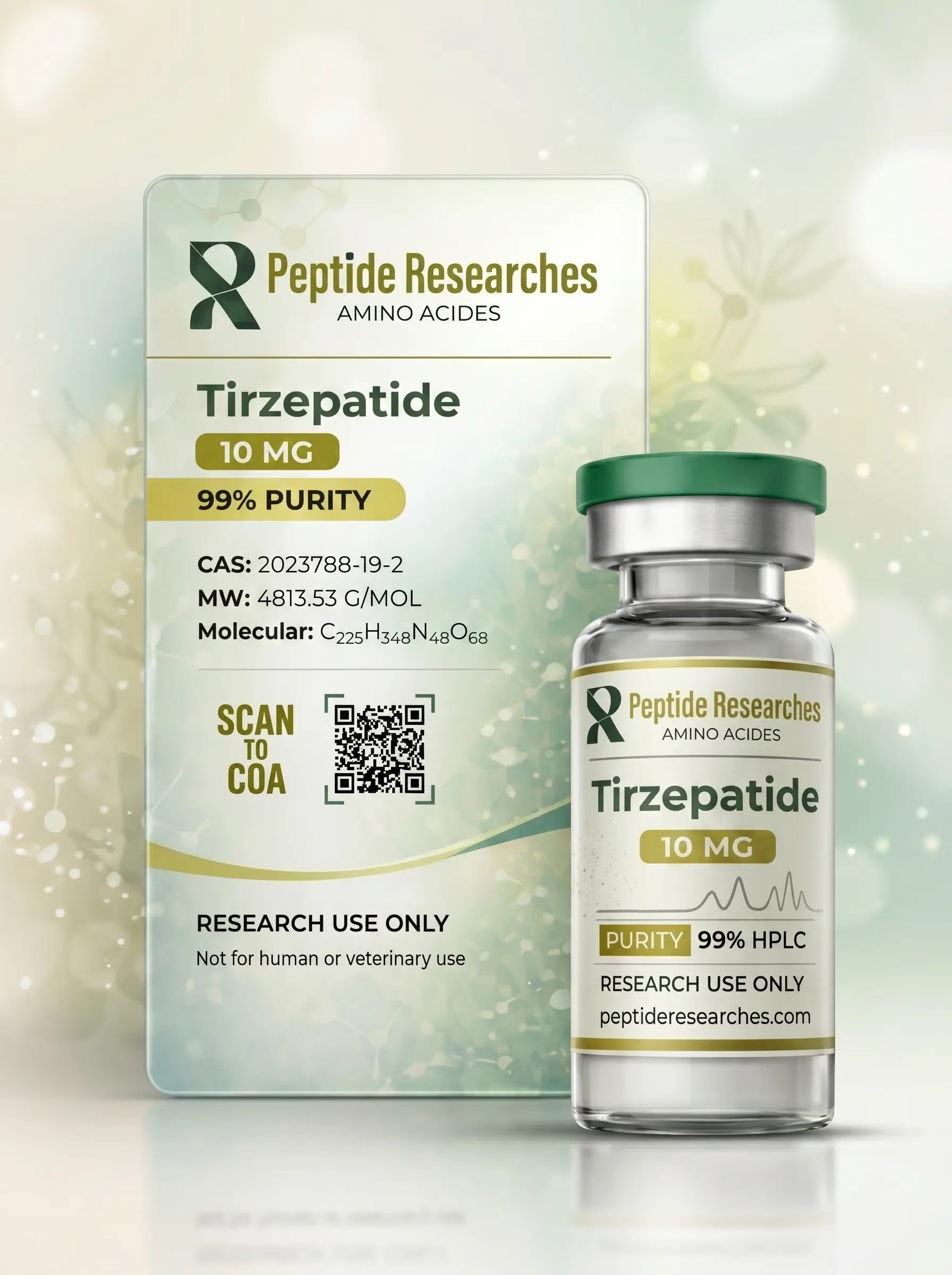 Boîte et flacon tirzépatide 10 mg — Peptide Researches Produit tirzépatide 10 mg Peptide Researches : boîte, QR, pureté et flacon